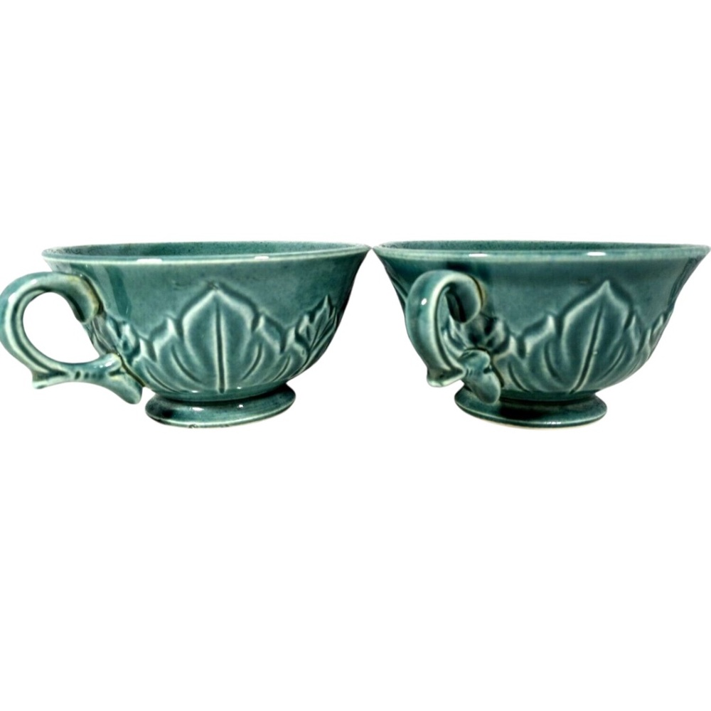 Set Of 4 Vintage Woodfield cups, sea-foam green glaze leaf pattern